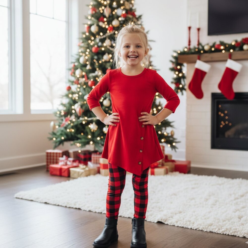 S/L/XL NEW Girls Solid Red Dress, Asymmetric Hem, Long Top, Christmas Dress